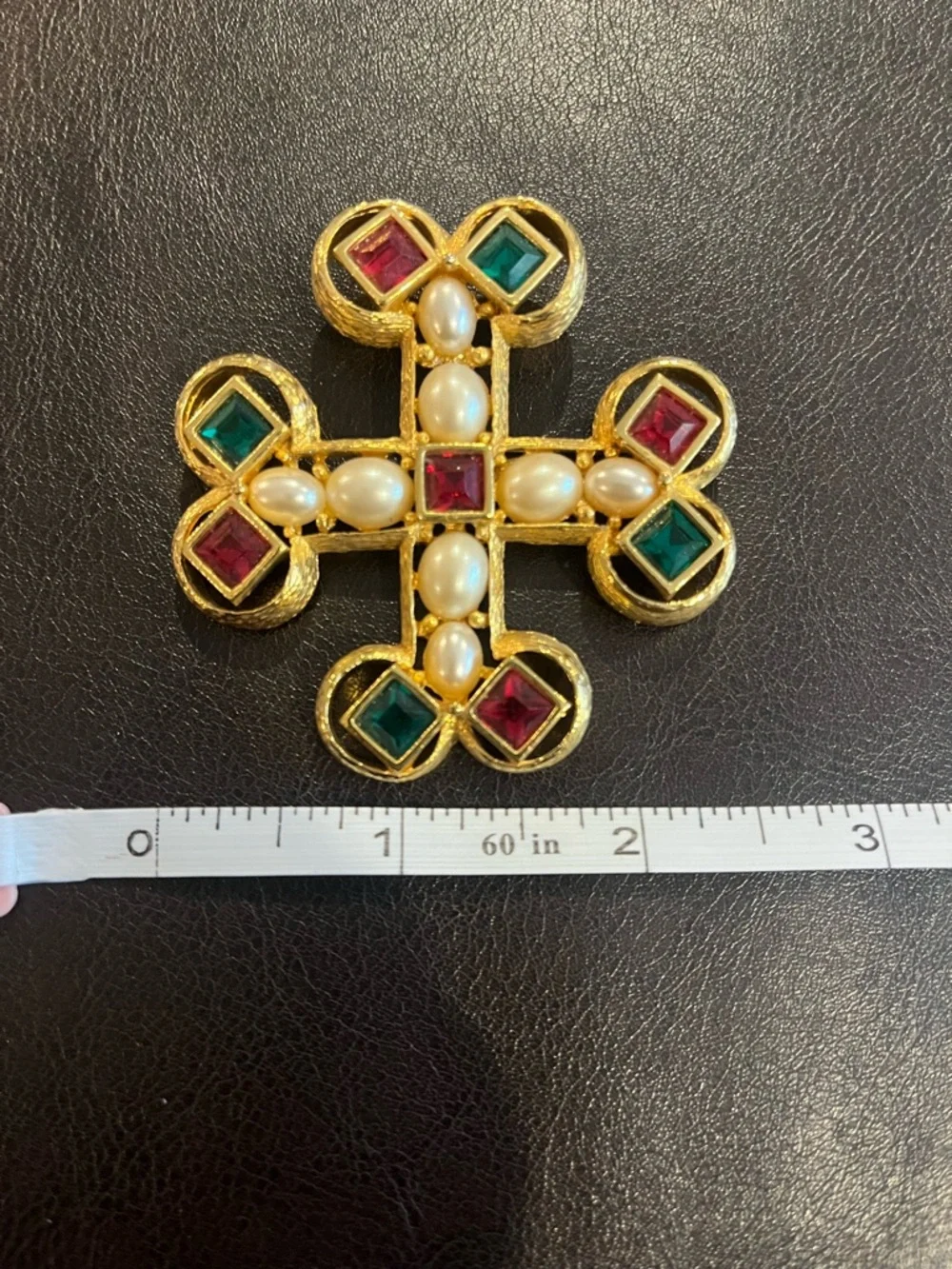 Joan Rivers Gold-Tone Maltese Cross Brooch with Pearls and Red & Green stones - Picture 2 of 4